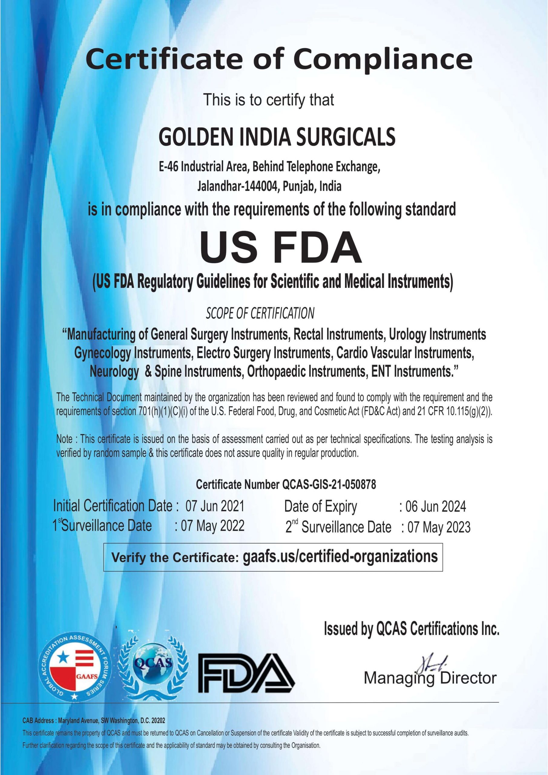 GOLDEN INDIA SURGICALS (US FDA)